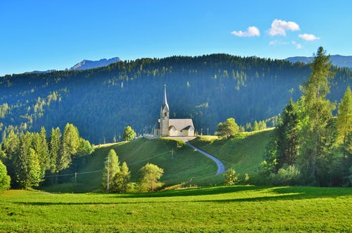树木环绕的山顶上的白色和灰色彩绘的教堂 · 免费素材图片