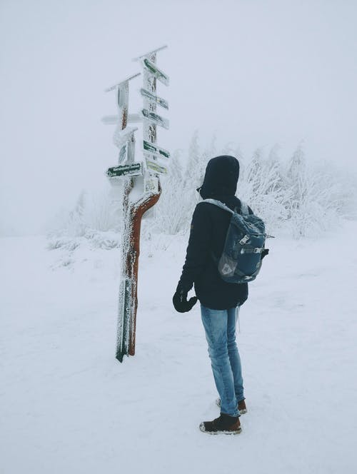 穿着黑色连帽衫和蓝色牛仔牛仔裤的人站在雪地上的冰冻箭头标志 · 免费素材图片