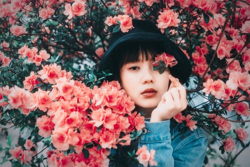 女人站在附近粉红色的花瓣花 · 免费素材图片