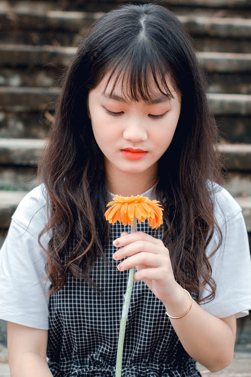 女孩抱着橙色非洲菊雏菊 · 免费素材图片