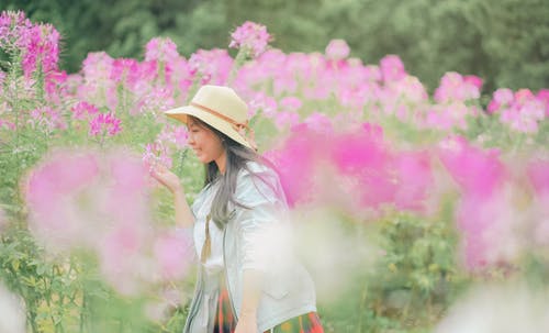 女人站和闻到粉红色的花瓣花 · 免费素材图片