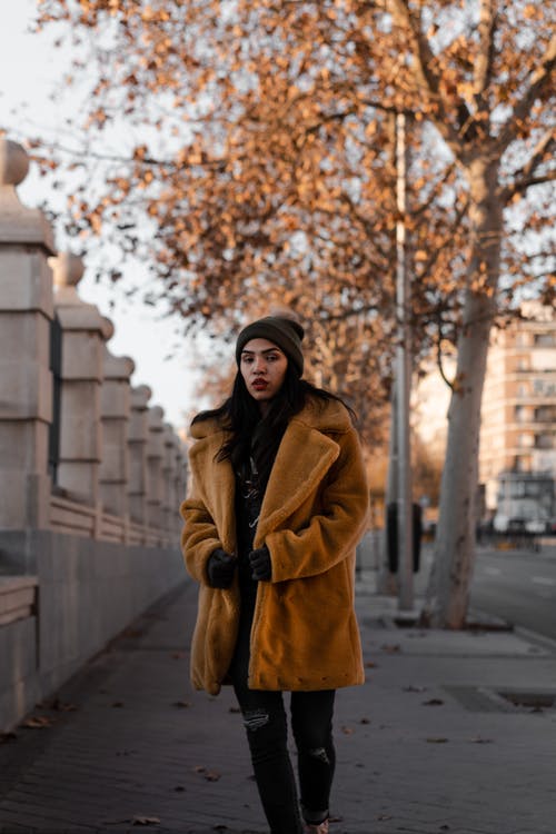 棕色外套在人行道上的女人 · 免费素材图片