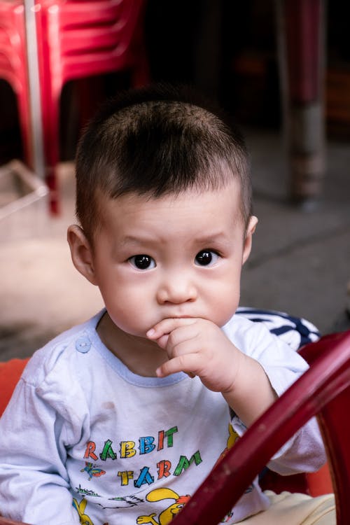 男孩坐在椅子上吃手 · 免费素材图片