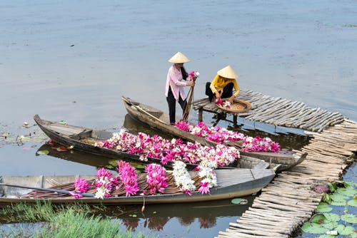 女人站在棕色的木船上 · 免费素材图片