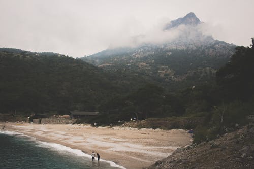 在山与树附近的海滩照片 · 免费素材图片