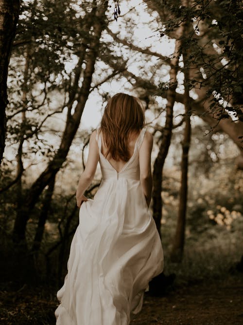 穿白色连衣裙的女人走在树林里的背影照片 · 免费素材图片