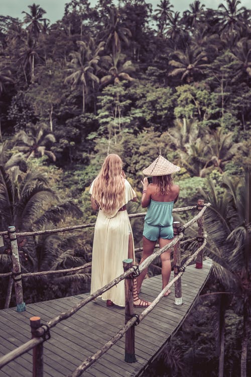 两个女人站在栏杆旁边看着森林 · 免费素材图片