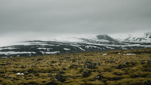 在远处被雪覆盖的丘陵和山脉脚下的草地 · 免费素材图片