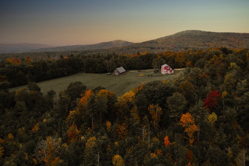 在日落时秋天的树木之中的农舍 · 免费素材图片
