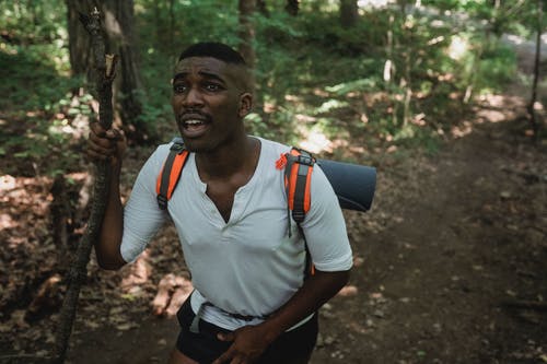 黑人旅行者在森林里徒步旅行在阳光灿烂的日子 · 免费素材图片