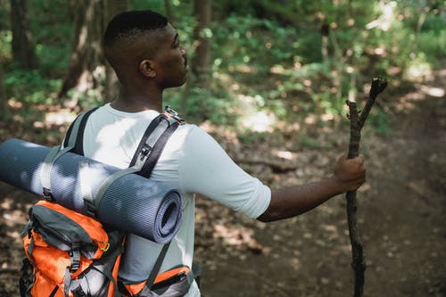 站在树林中的路径上的平静黑人旅行者 · 免费素材图片