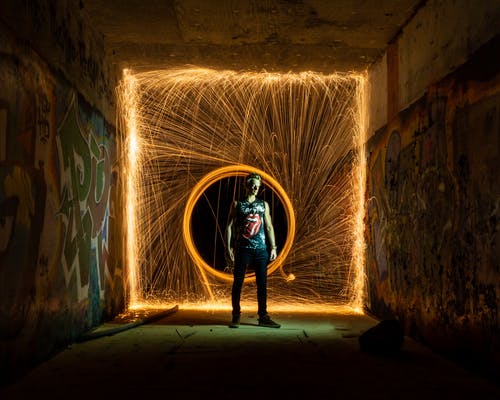 男子站在反对光的线，在秋千上从火秋千 · 免费素材图片