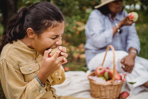 种族的女孩在和母亲野餐期间咬苹果 · 免费素材图片