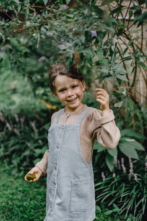 灰色按钮向上站在绿色的植物附近的长袖衬衫的女孩 · 免费素材图片