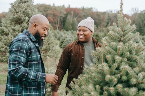 有父亲的快乐的黑人青少年的人在针叶树附近 · 免费素材图片