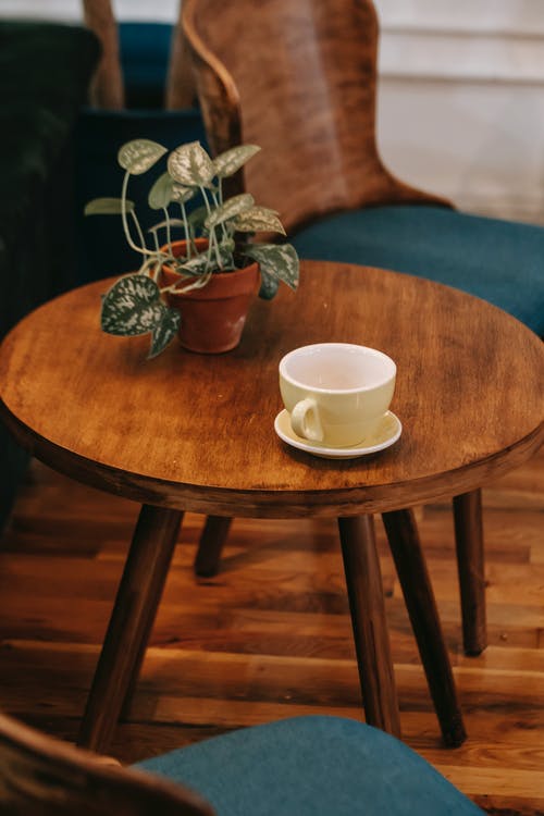 时尚的木桌，陶瓷杯和舒适的咖啡馆里的盆花 · 免费素材图片