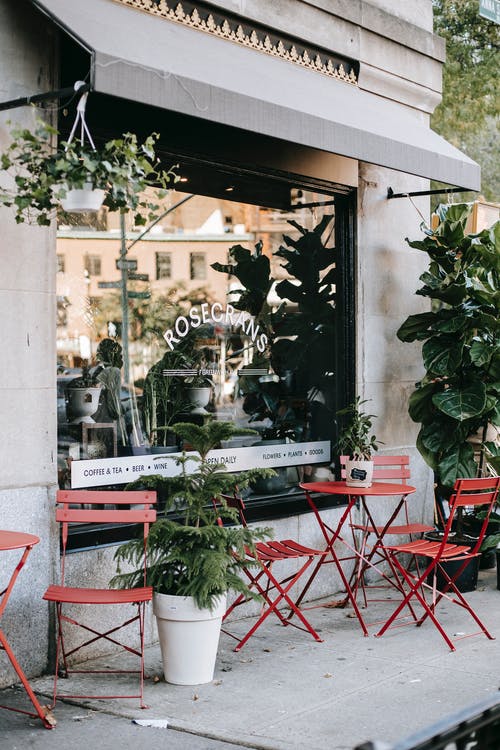 舒适的街头自助餐厅，配有简约的家具和阳光下的绿色植物 · 免费素材图片