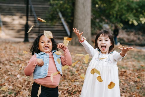 快乐的孩子们在公园里扔树叶 · 免费素材图片
