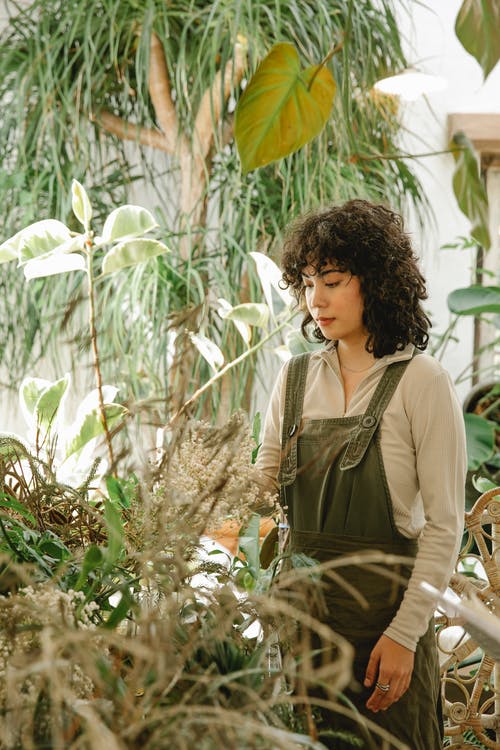 站在绿色的植物附近的绿色外套的女人 · 免费素材图片