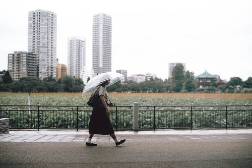 黑色外套拿着雨伞在人行道上行走的女人 · 免费素材图片