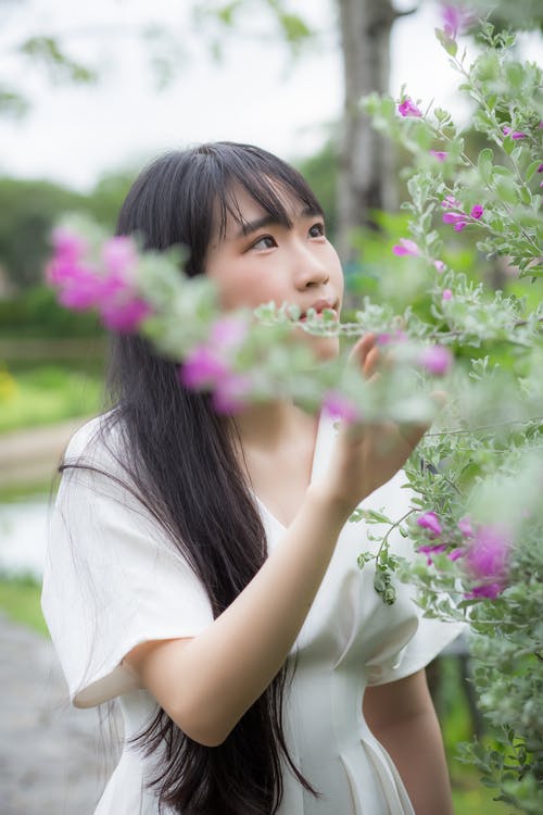 站在粉红色的花树附近的白色连衣裙的女人 · 免费素材图片