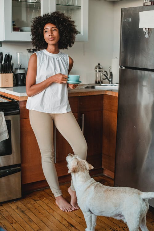 咖啡和宠物在厨房里的梦幻女人 · 免费素材图片