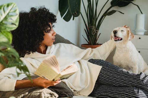 放松与书的黑人妇女爱抚的狗 · 免费素材图片