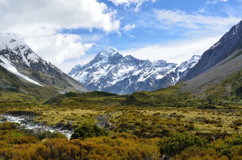 在晴朗的蓝天底下的绿树雪山 · 免费素材图片