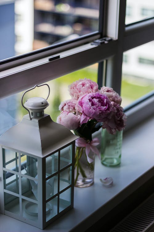 玻璃窗上的紫色花瓣花附近的蜡烛灯笼 · 免费素材图片