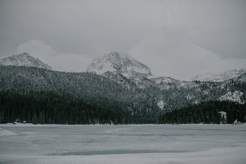白雪皑皑的高地，森林山谷和结冰的湖面 · 免费素材图片
