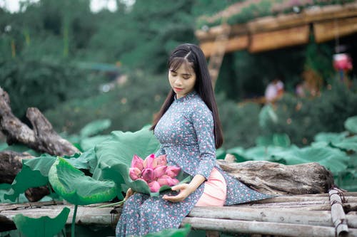 女人坐在竹长凳上，束粉红色的花朵在膝上 · 免费素材图片