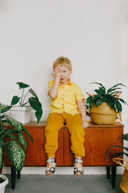 坐在棕色的木桌上的黄色polo衫的男孩 · 免费素材图片