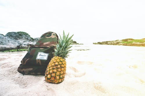菠萝果实在白色沙滩上的背包旁边 · 免费素材图片