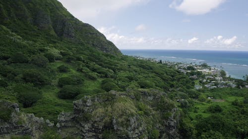 蓝色的大海郁郁葱葱的山的航拍画面 · 免费素材视频