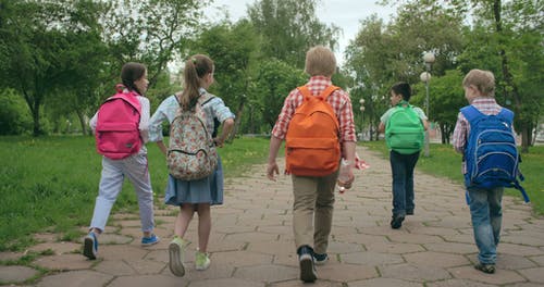 孩子们在背着背包铺砌的小径上行走 · 免费素材视频