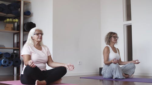 两名老年妇女练习瑜伽 · 免费素材视频