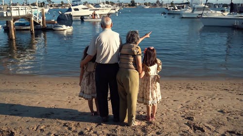 爷爷奶奶和他们的孙子们一起在港口看船 · 免费素材视频